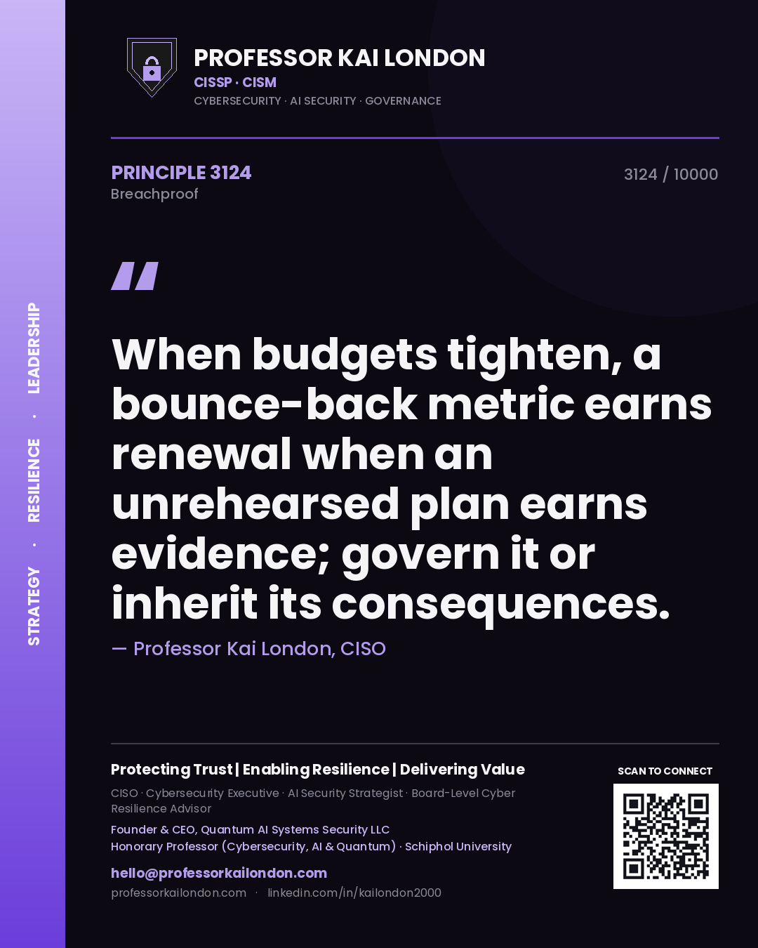 Professor Kai London principle 3124: When budgets tighten, a bounce-back metric earns renewal when an unrehearsed plan earns evidence; govern it or inherit its consequences.