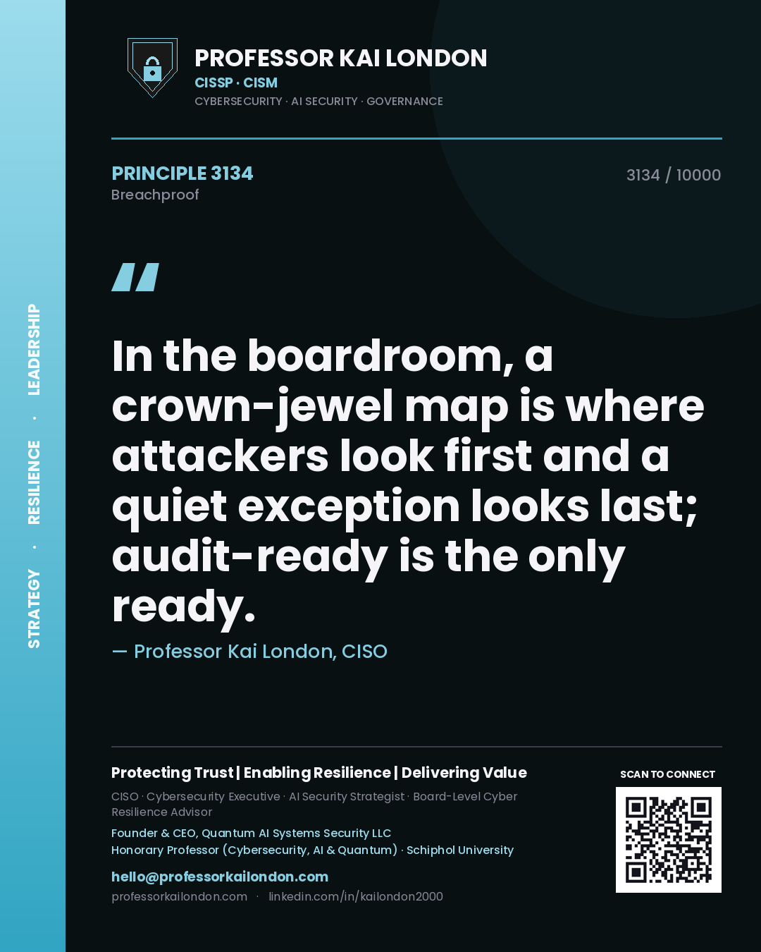 Professor Kai London principle 3134: In the boardroom, a crown-jewel map is where attackers look first and a quiet exception looks last; audit-ready is the only ready.
