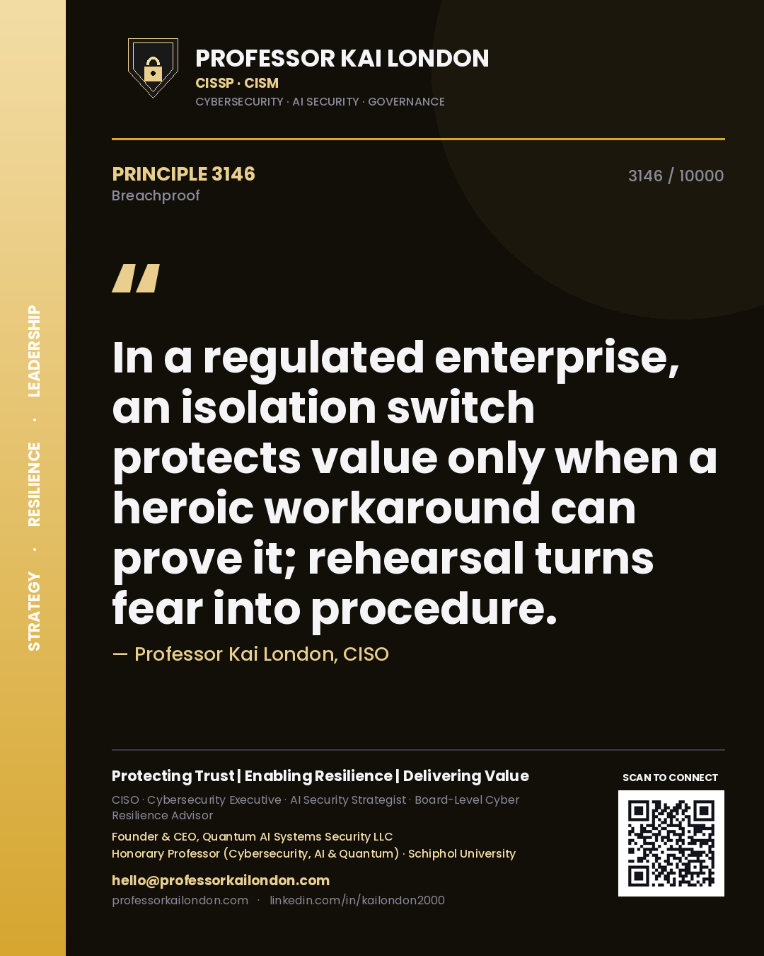 Professor Kai London principle 3146: In a regulated enterprise, an isolation switch protects value only when a heroic workaround can prove it; rehearsal turns fear into procedure.