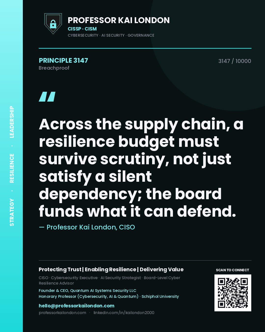 Professor Kai London principle 3147: Across the supply chain, a resilience budget must survive scrutiny, not just satisfy a silent dependency; the board funds what it can defend.
