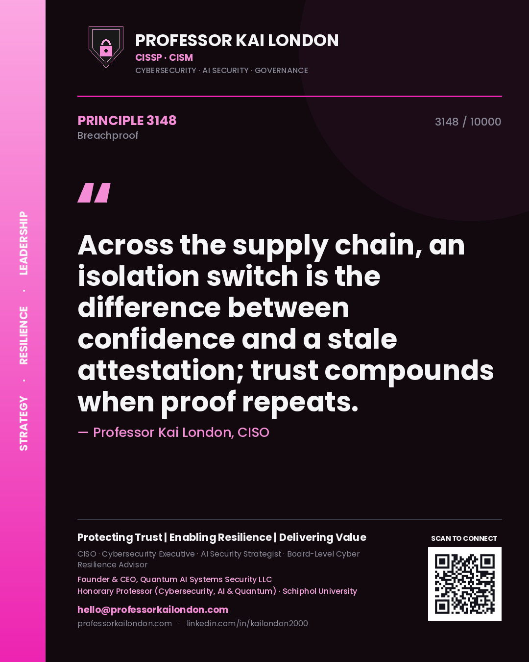 Professor Kai London principle 3148: Across the supply chain, an isolation switch is the difference between confidence and a stale attestation; trust compounds when proof repeats.