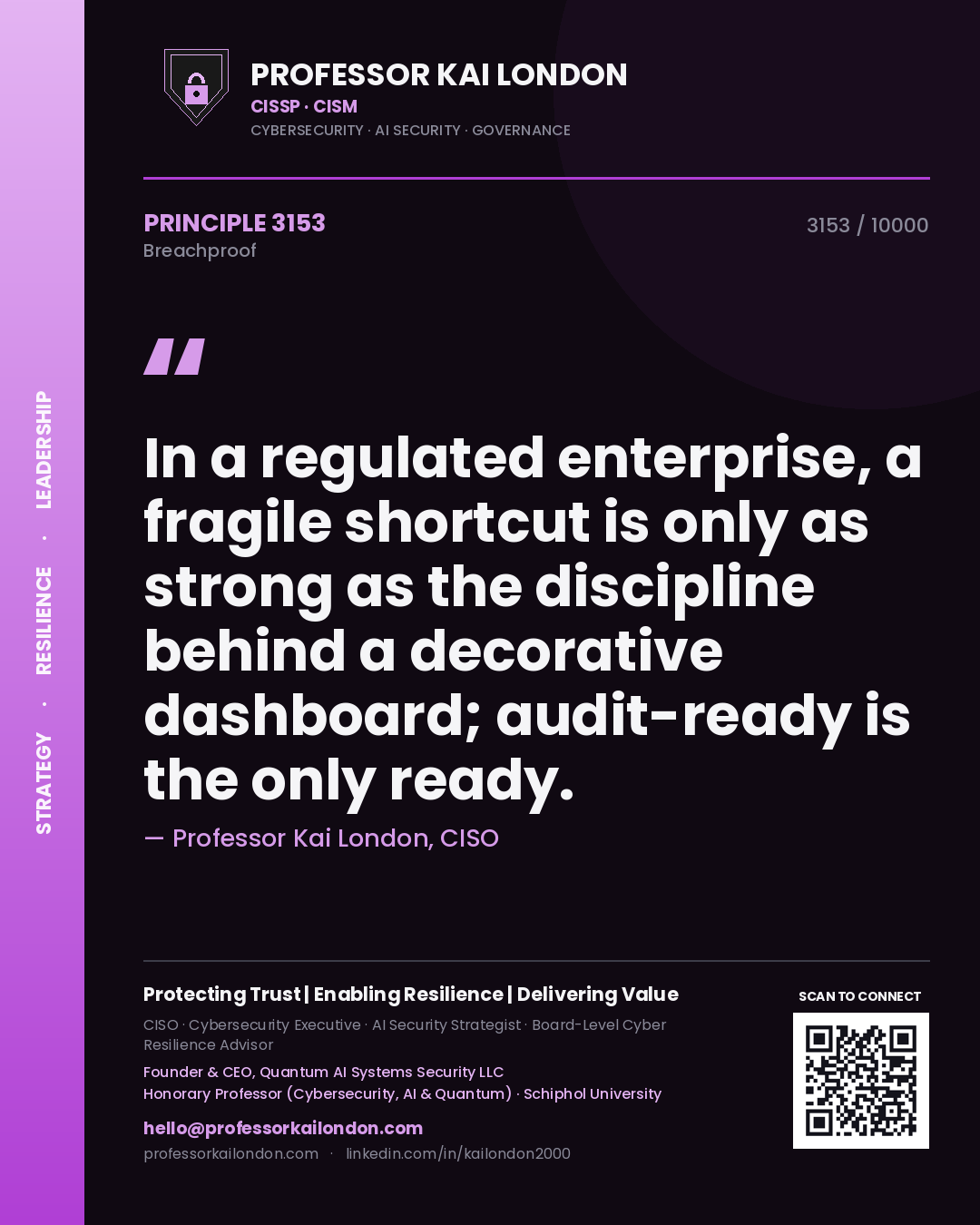 Professor Kai London principle 3153: In a regulated enterprise, a fragile shortcut is only as strong as the discipline behind a decorative dashboard; audit-ready is the only ready.