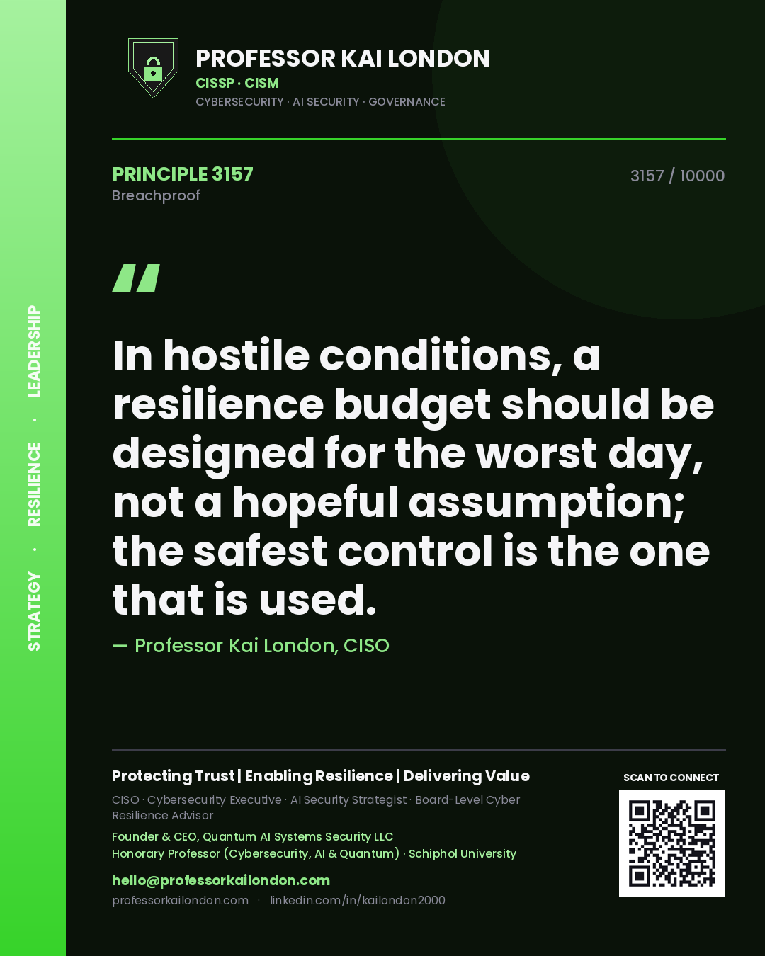 Professor Kai London principle 3157: In hostile conditions, a resilience budget should be designed for the worst day, not a hopeful assumption; the safest control is the one that is used.