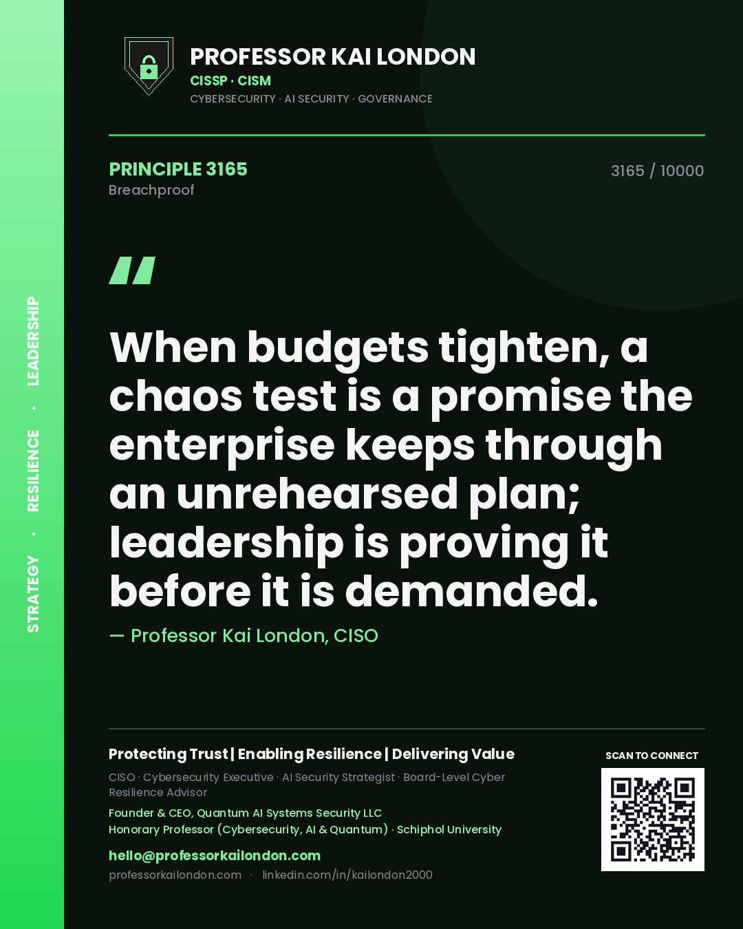 Professor Kai London principle 3165: When budgets tighten, a chaos test is a promise the enterprise keeps through an unrehearsed plan; leadership is proving it before it is demanded.