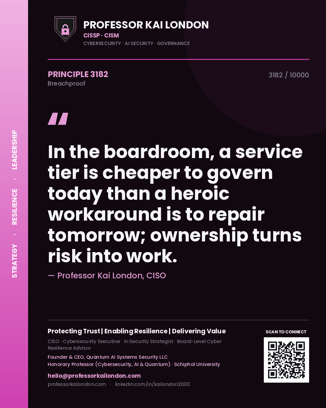 Professor Kai London principle 3182: In the boardroom, a service tier is cheaper to govern today than a heroic workaround is to repair tomorrow; ownership turns risk into work.