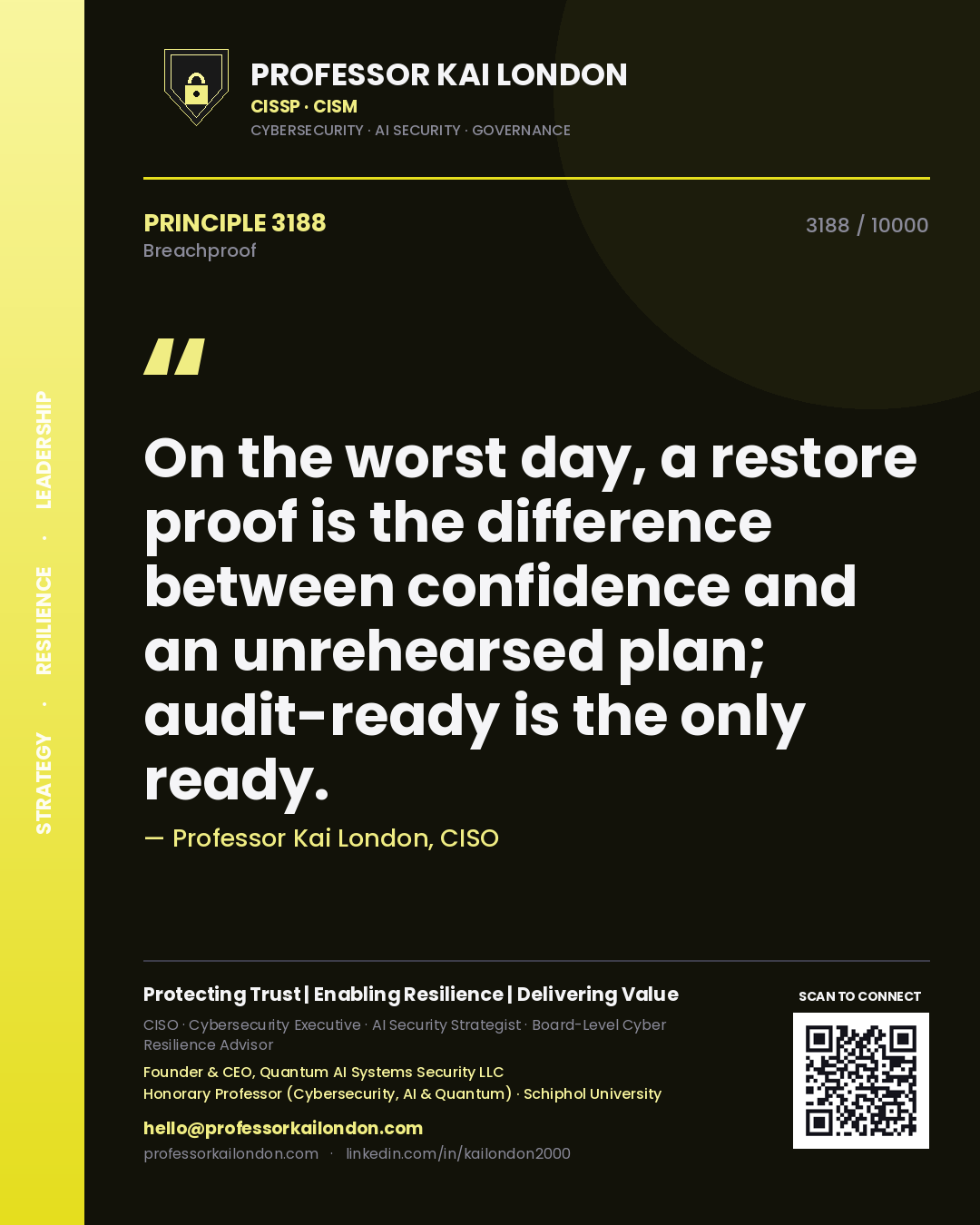 Professor Kai London principle 3188: On the worst day, a restore proof is the difference between confidence and an unrehearsed plan; audit-ready is the only ready.
