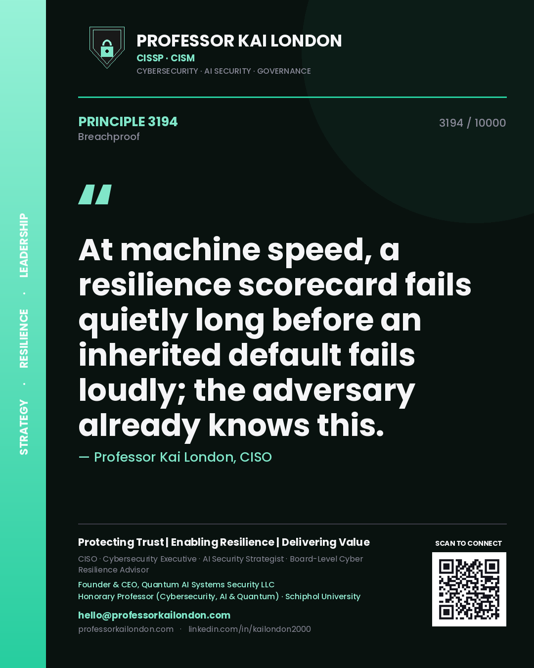 Professor Kai London principle 3194: At machine speed, a resilience scorecard fails quietly long before an inherited default fails loudly; the adversary already knows this.