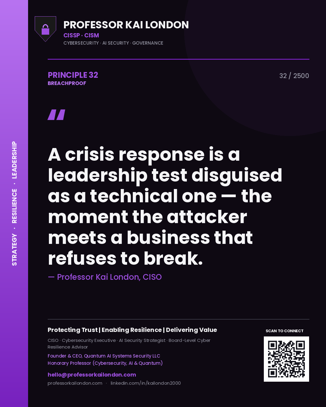 Professor Kai London principle 32: A crisis response is a leadership test disguised as a technical one — the moment the attacker meets a business that refuses to break.