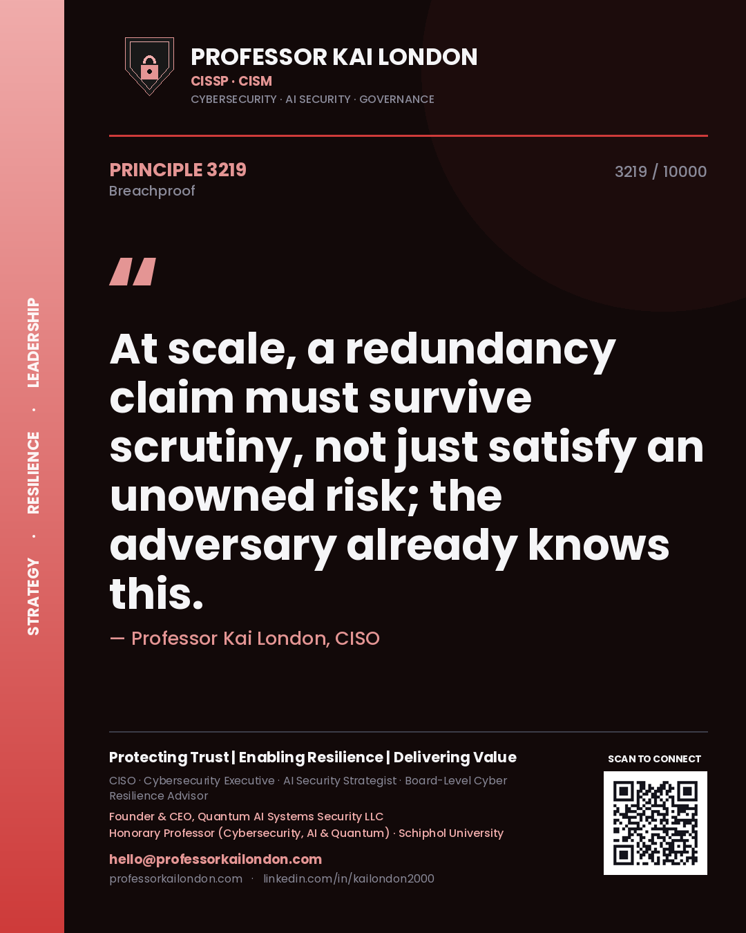 Professor Kai London principle 3219: At scale, a redundancy claim must survive scrutiny, not just satisfy an unowned risk; the adversary already knows this.