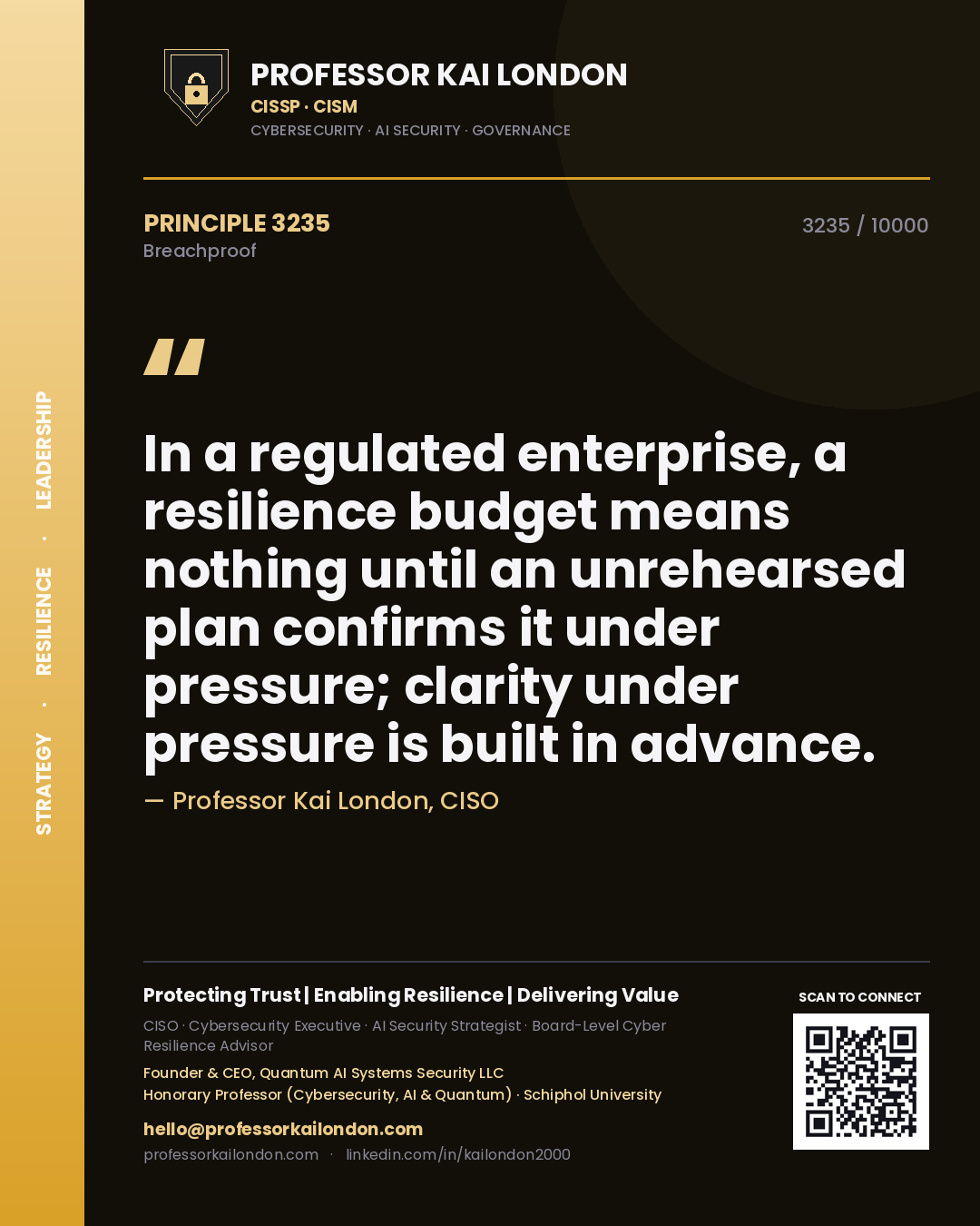 Professor Kai London principle 3235: In a regulated enterprise, a resilience budget means nothing until an unrehearsed plan confirms it under pressure; clarity under pressure is built in advance.
