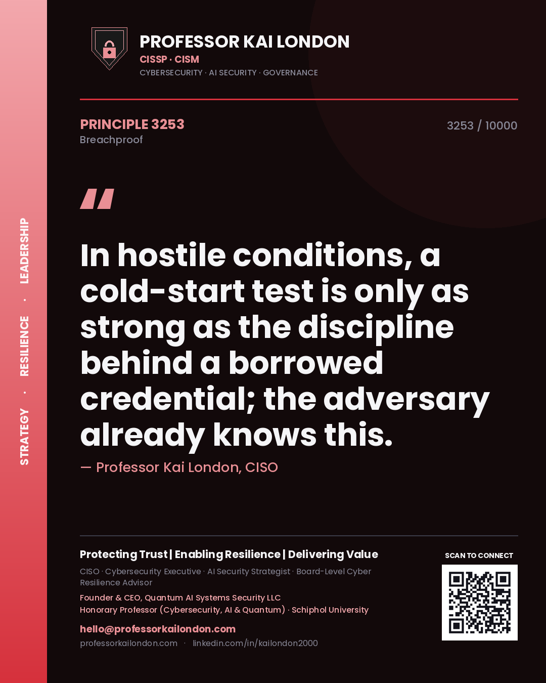 Professor Kai London principle 3253: In hostile conditions, a cold-start test is only as strong as the discipline behind a borrowed credential; the adversary already knows this.