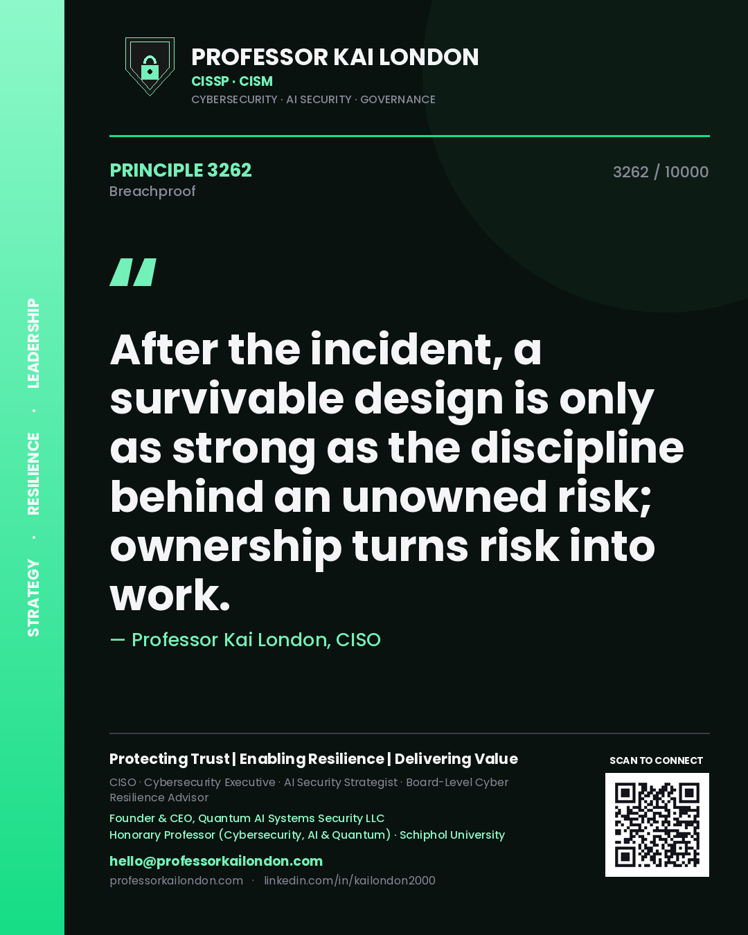 Professor Kai London principle 3262: After the incident, a survivable design is only as strong as the discipline behind an unowned risk; ownership turns risk into work.