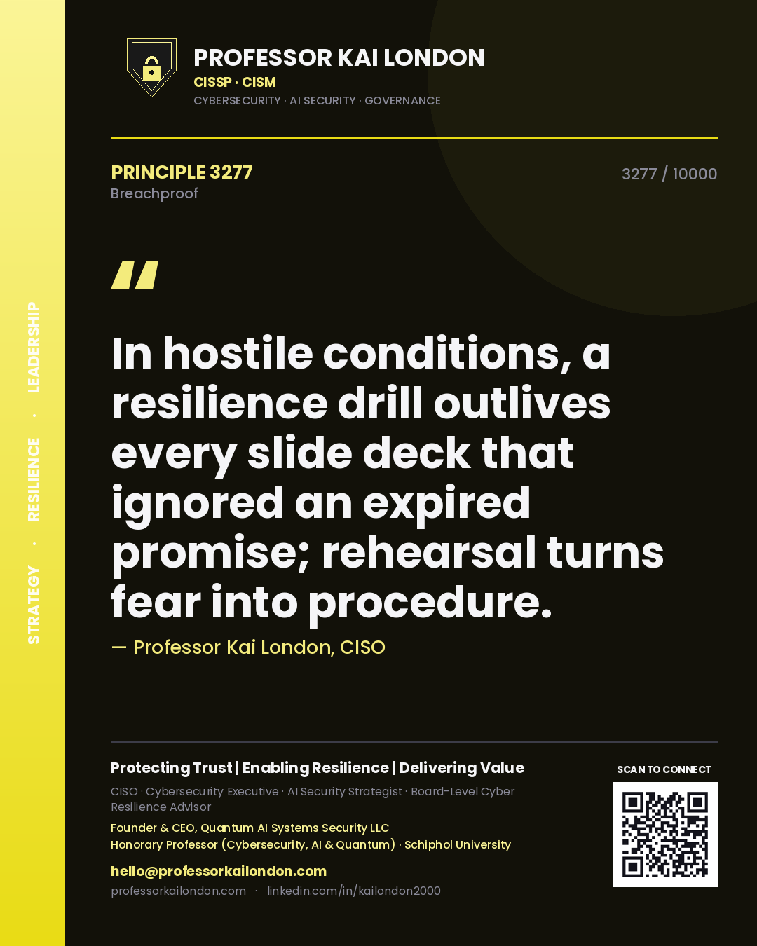 Professor Kai London principle 3277: In hostile conditions, a resilience drill outlives every slide deck that ignored an expired promise; rehearsal turns fear into procedure.