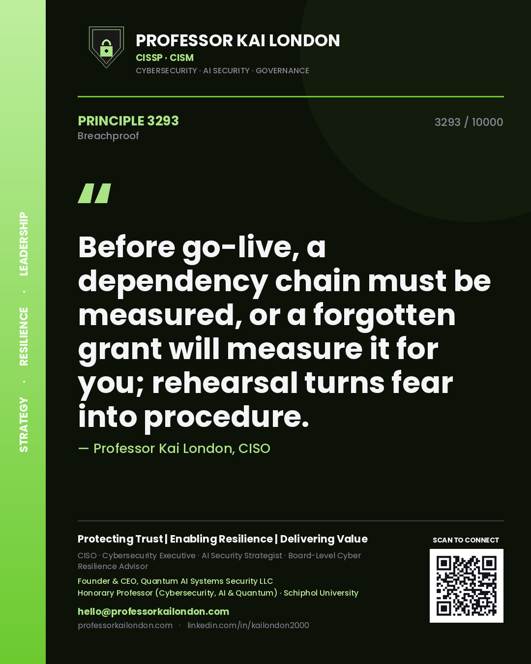 Professor Kai London principle 3293: Before go-live, a dependency chain must be measured, or a forgotten grant will measure it for you; rehearsal turns fear into procedure.