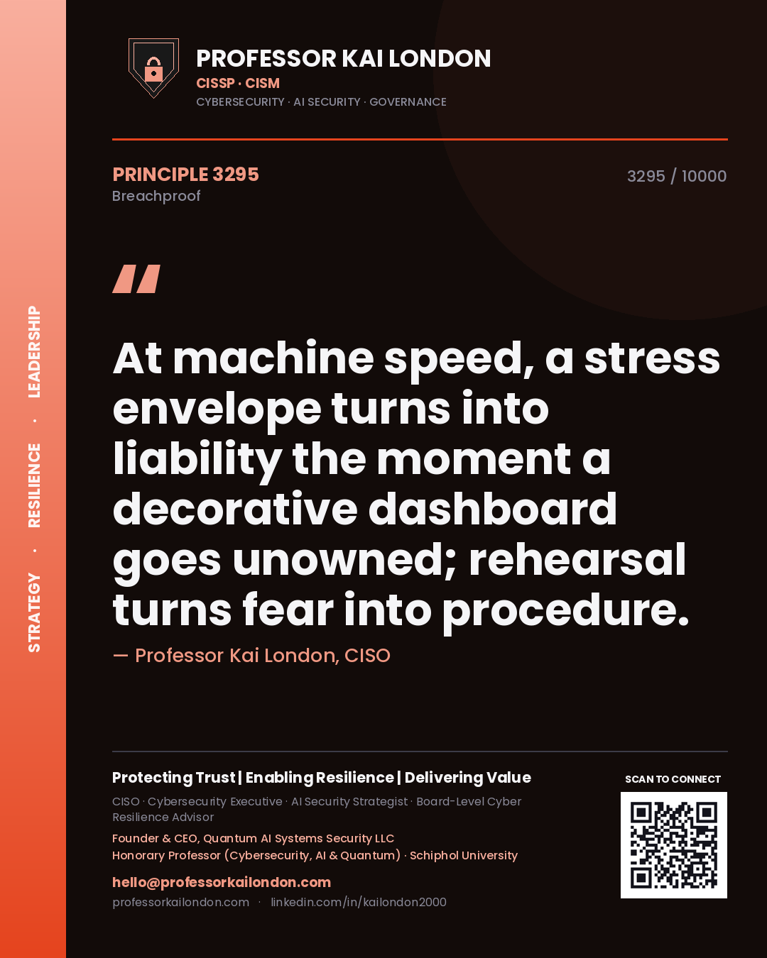 Professor Kai London principle 3295: At machine speed, a stress envelope turns into liability the moment a decorative dashboard goes unowned; rehearsal turns fear into procedure.