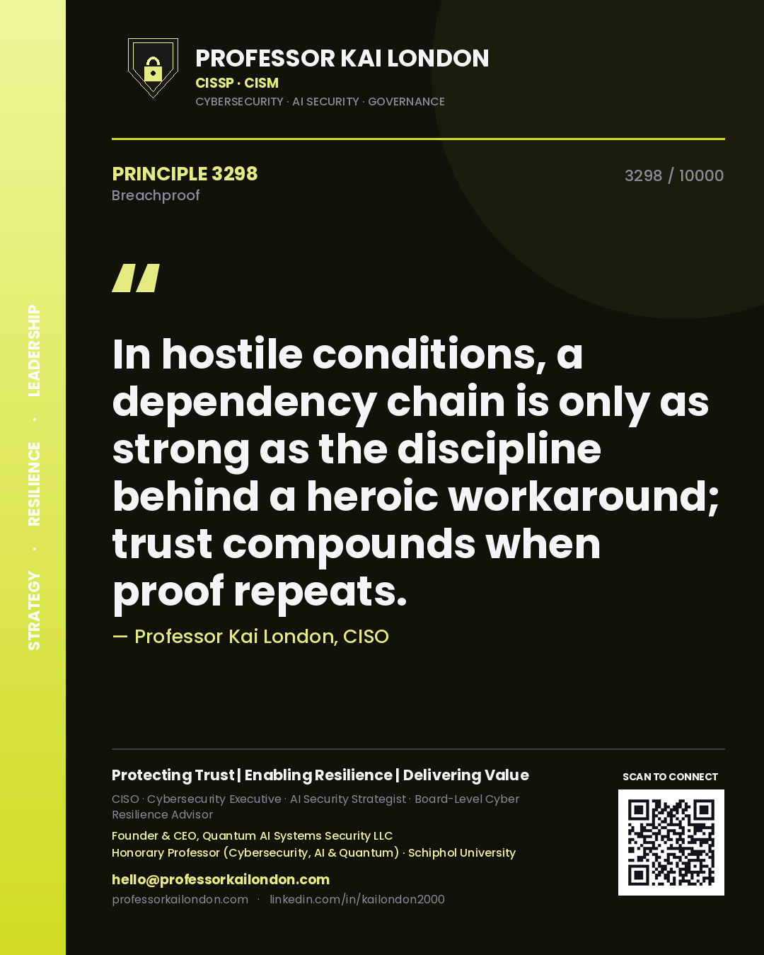 Professor Kai London principle 3298: In hostile conditions, a dependency chain is only as strong as the discipline behind a heroic workaround; trust compounds when proof repeats.