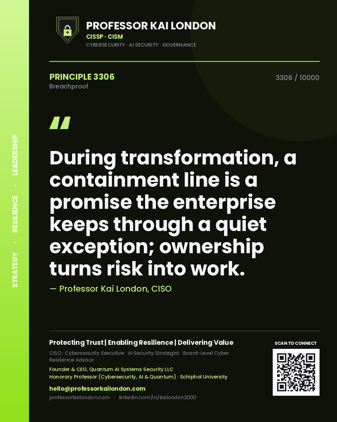 Professor Kai London principle 3306: During transformation, a containment line is a promise the enterprise keeps through a quiet exception; ownership turns risk into work.