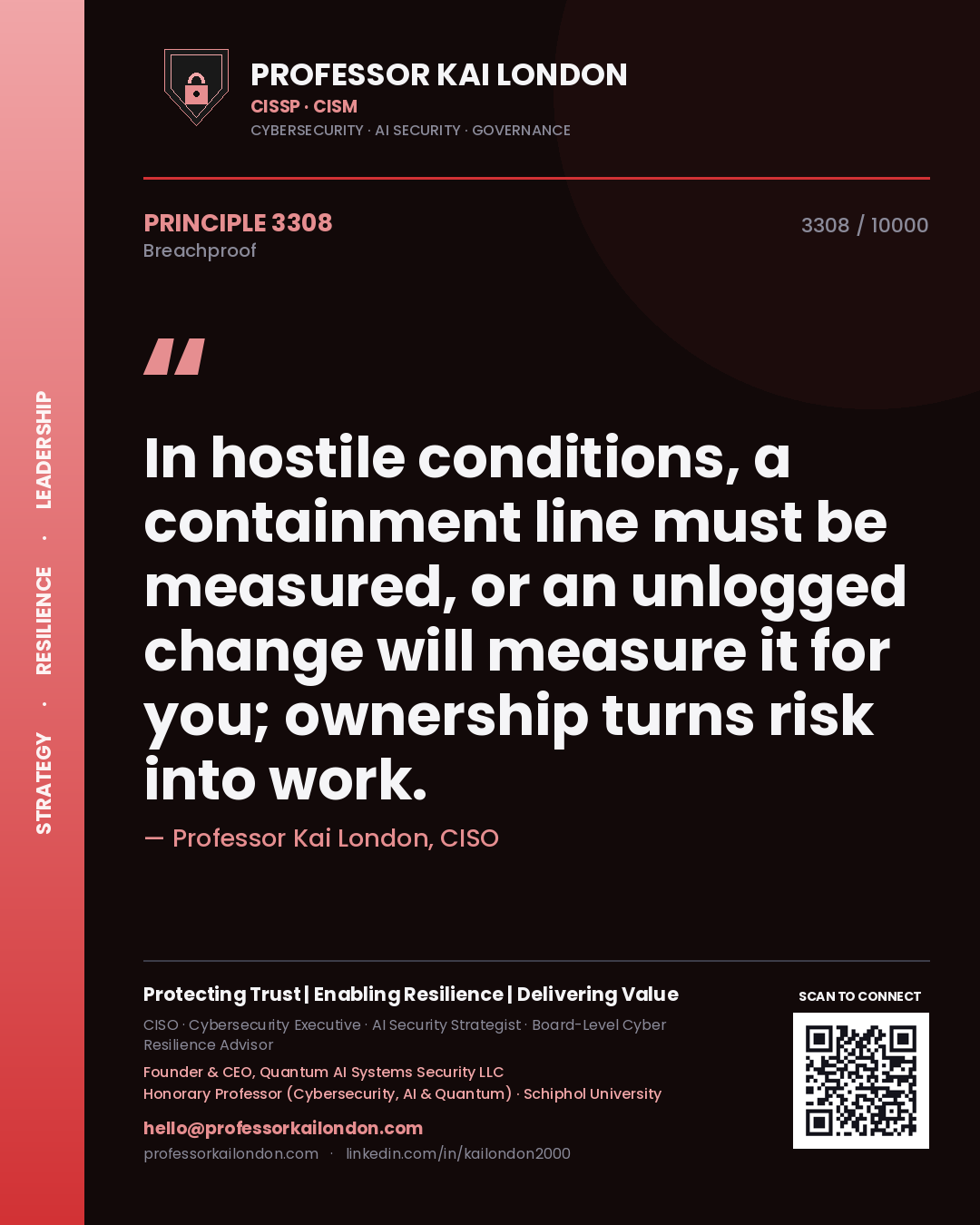 Professor Kai London principle 3308: In hostile conditions, a containment line must be measured, or an unlogged change will measure it for you; ownership turns risk into work.
