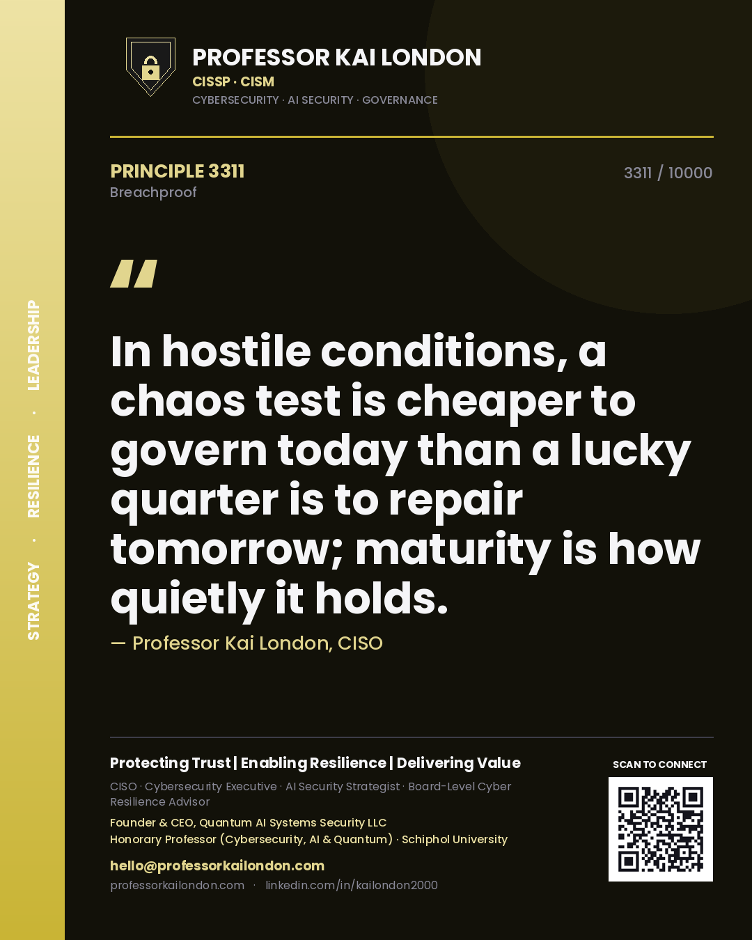 Professor Kai London principle 3311: In hostile conditions, a chaos test is cheaper to govern today than a lucky quarter is to repair tomorrow; maturity is how quietly it holds.