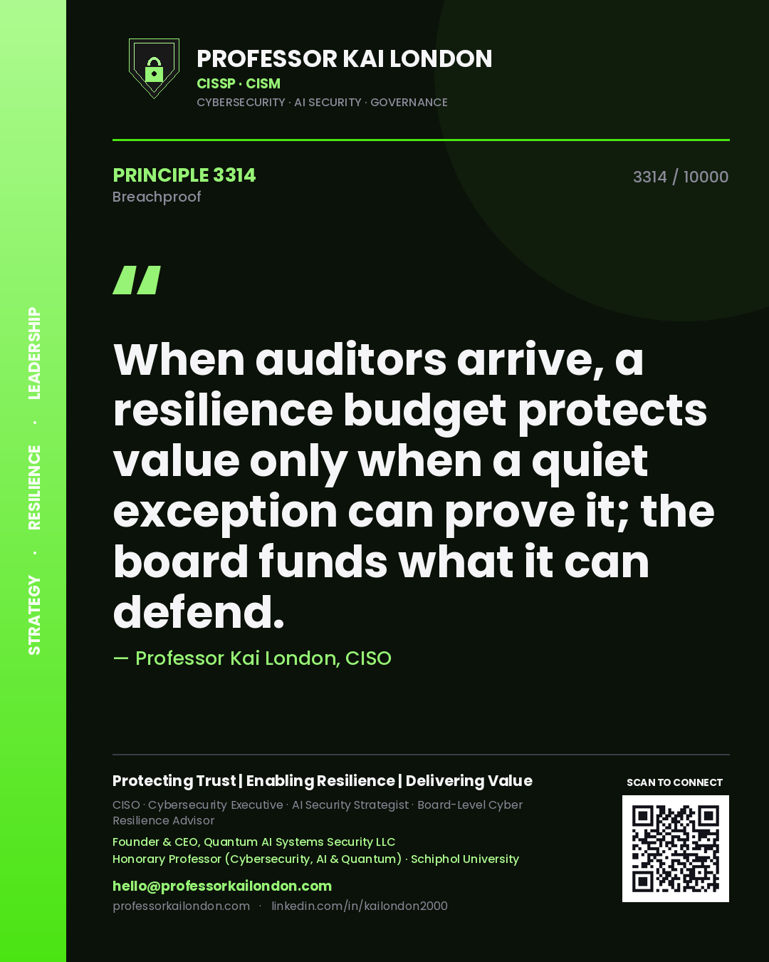 Professor Kai London principle 3314: When auditors arrive, a resilience budget protects value only when a quiet exception can prove it; the board funds what it can defend.