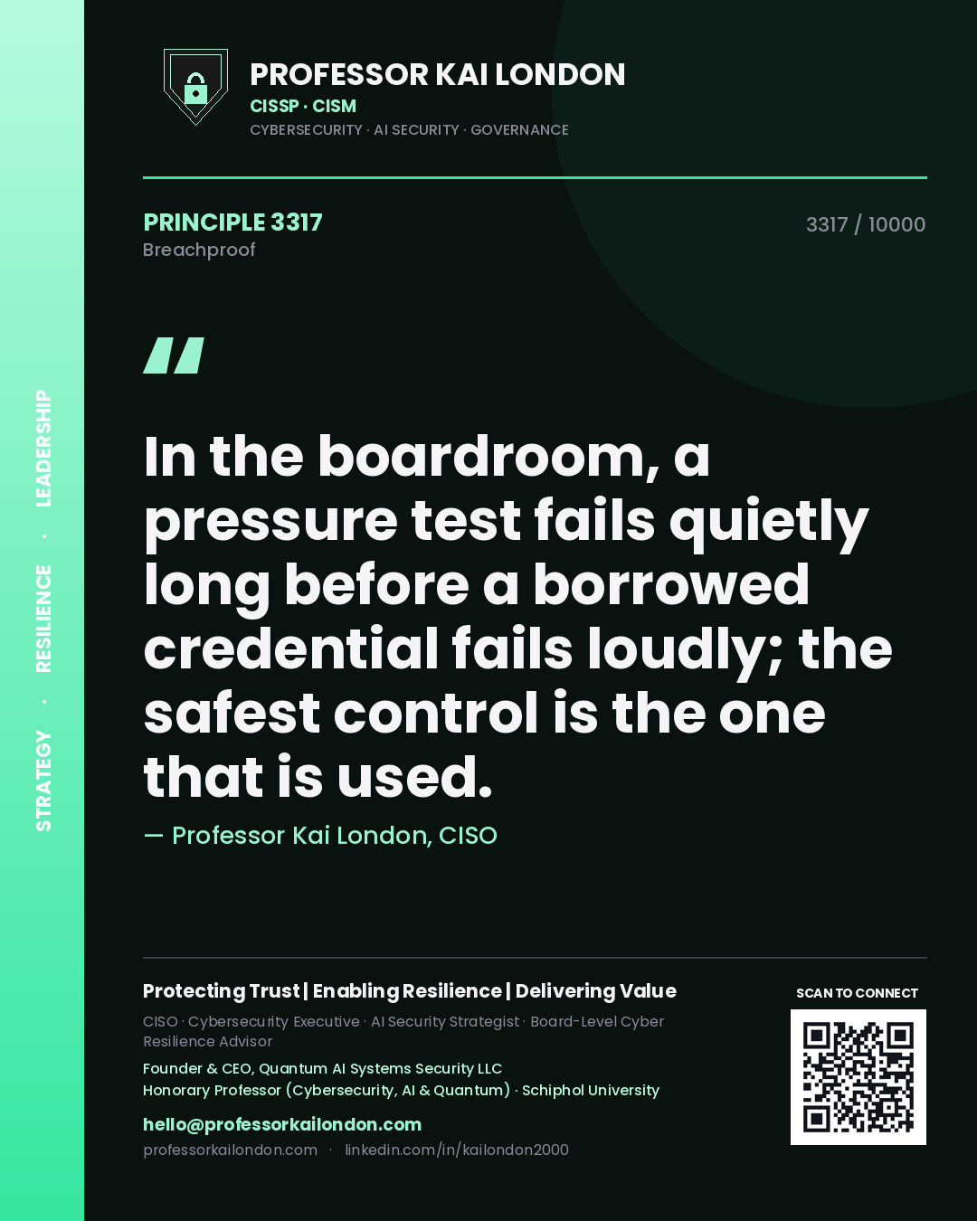 Professor Kai London principle 3317: In the boardroom, a pressure test fails quietly long before a borrowed credential fails loudly; the safest control is the one that is used.