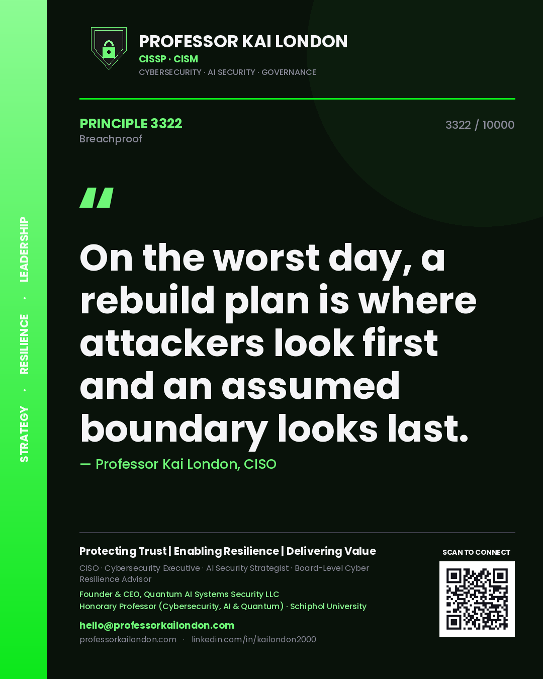 Professor Kai London principle 3322: On the worst day, a rebuild plan is where attackers look first and an assumed boundary looks last.