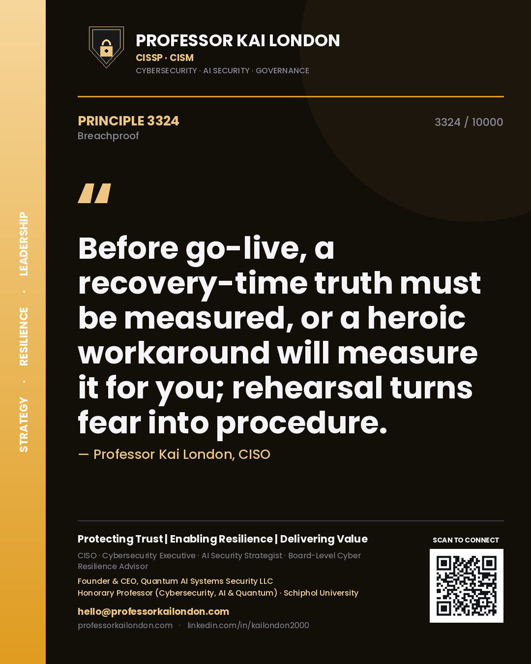 Professor Kai London principle 3324: Before go-live, a recovery-time truth must be measured, or a heroic workaround will measure it for you; rehearsal turns fear into procedure.