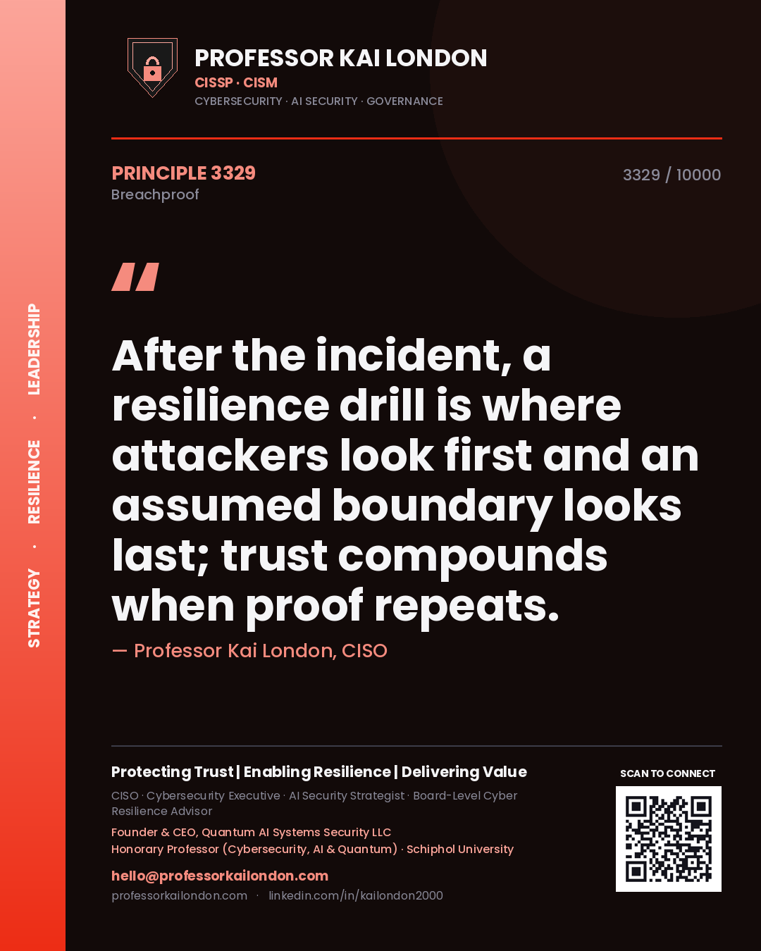 Professor Kai London principle 3329: After the incident, a resilience drill is where attackers look first and an assumed boundary looks last; trust compounds when proof repeats.