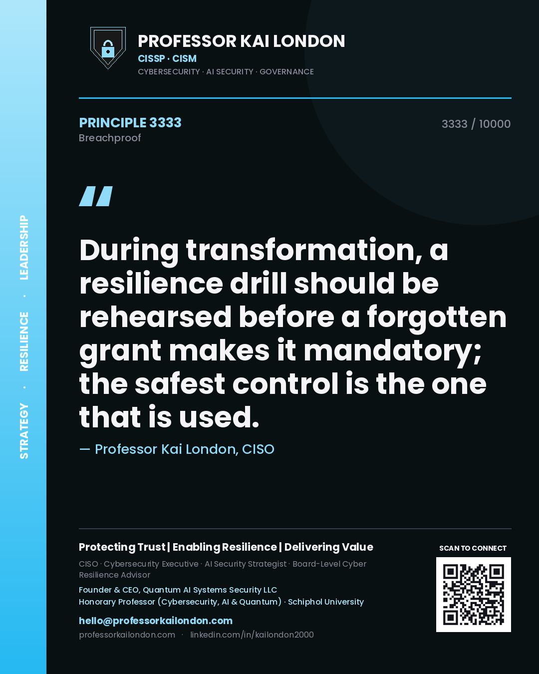 Professor Kai London principle 3333: During transformation, a resilience drill should be rehearsed before a forgotten grant makes it mandatory; the safest control is the one that is used.