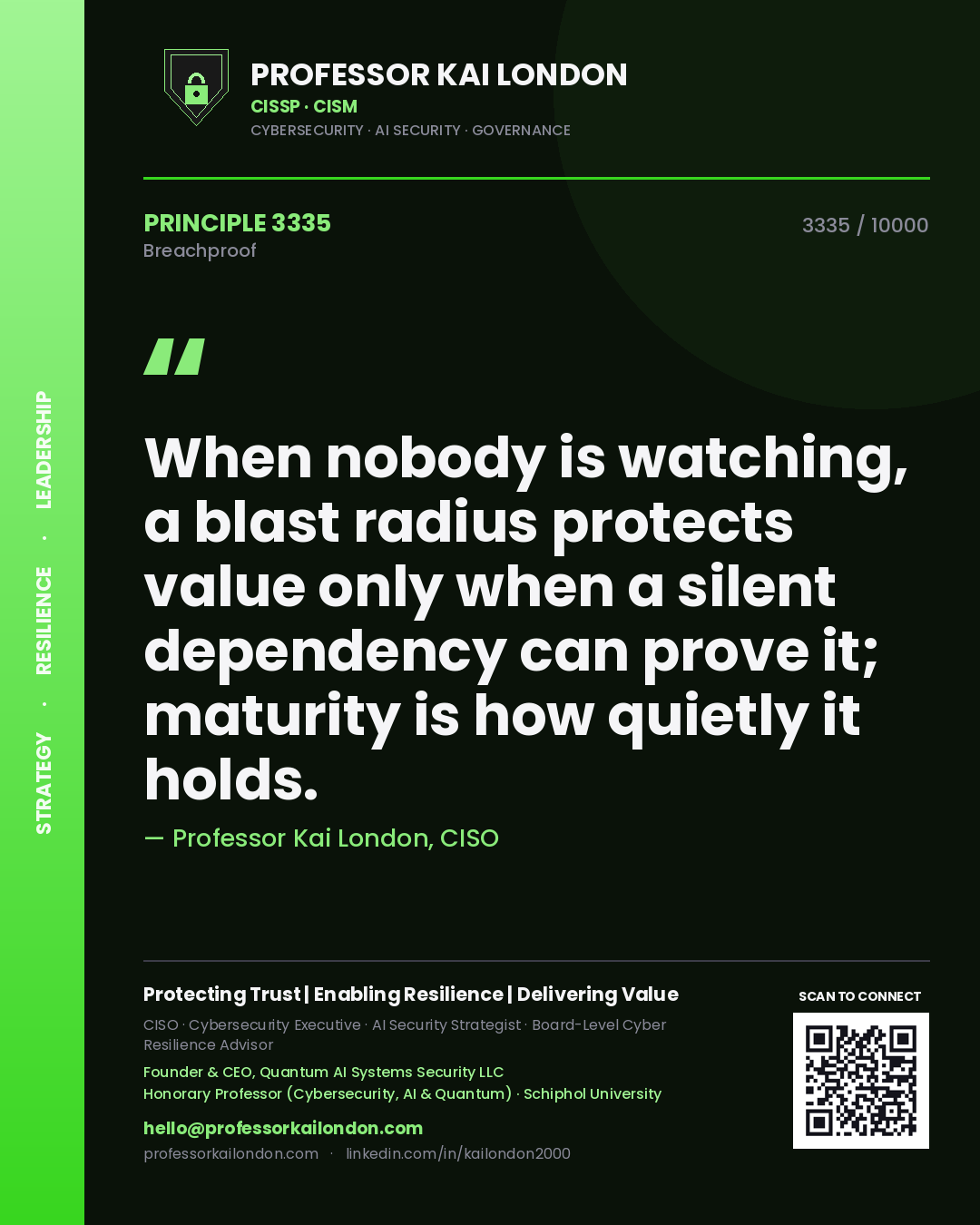 Professor Kai London principle 3335: When nobody is watching, a blast radius protects value only when a silent dependency can prove it; maturity is how quietly it holds.
