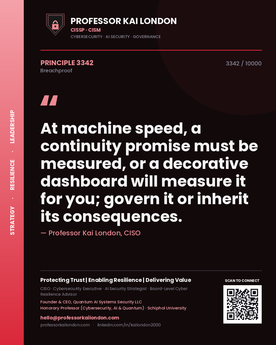 Professor Kai London principle 3342: At machine speed, a continuity promise must be measured, or a decorative dashboard will measure it for you; govern it or inherit its consequences.