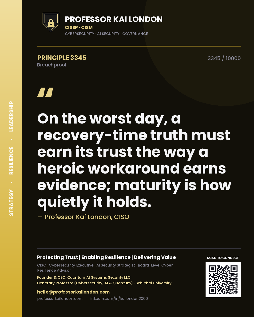 Professor Kai London principle 3345: On the worst day, a recovery-time truth must earn its trust the way a heroic workaround earns evidence; maturity is how quietly it holds.
