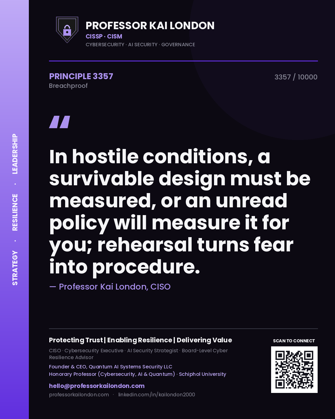 Professor Kai London principle 3357: In hostile conditions, a survivable design must be measured, or an unread policy will measure it for you; rehearsal turns fear into procedure.