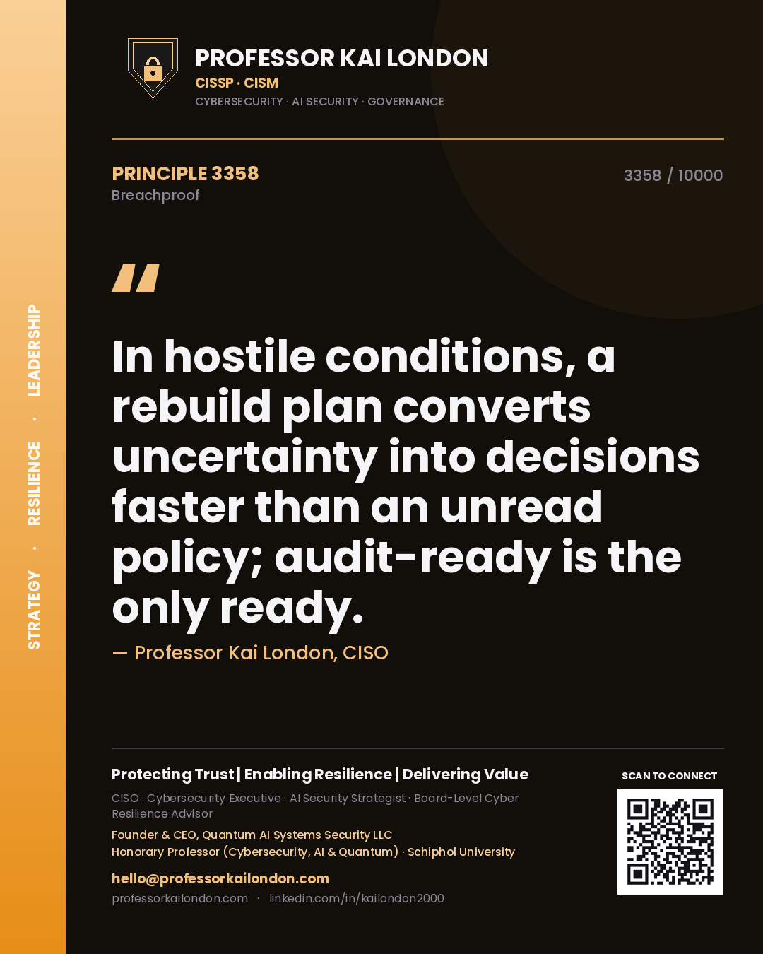 Professor Kai London principle 3358: In hostile conditions, a rebuild plan converts uncertainty into decisions faster than an unread policy; audit-ready is the only ready.