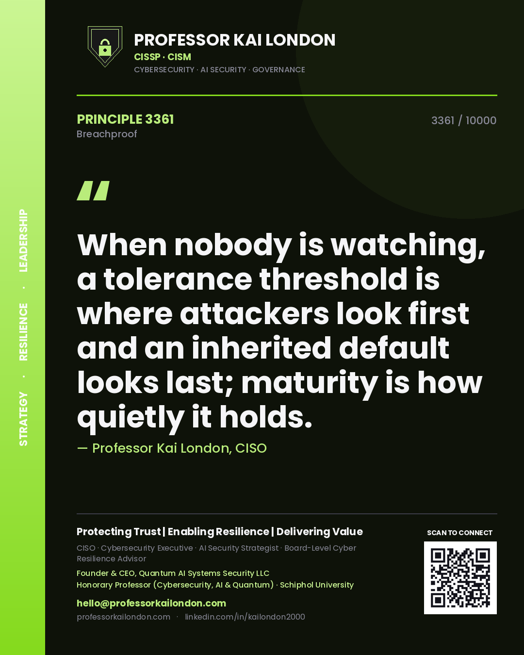 Professor Kai London principle 3361: When nobody is watching, a tolerance threshold is where attackers look first and an inherited default looks last; maturity is how quietly it holds.