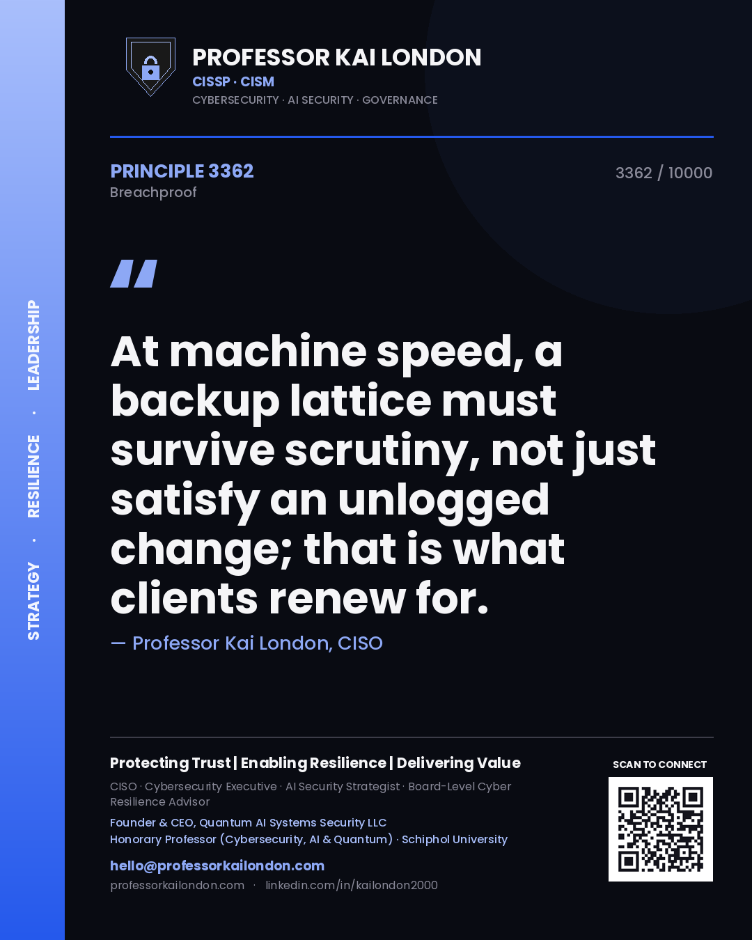 Professor Kai London principle 3362: At machine speed, a backup lattice must survive scrutiny, not just satisfy an unlogged change; that is what clients renew for.