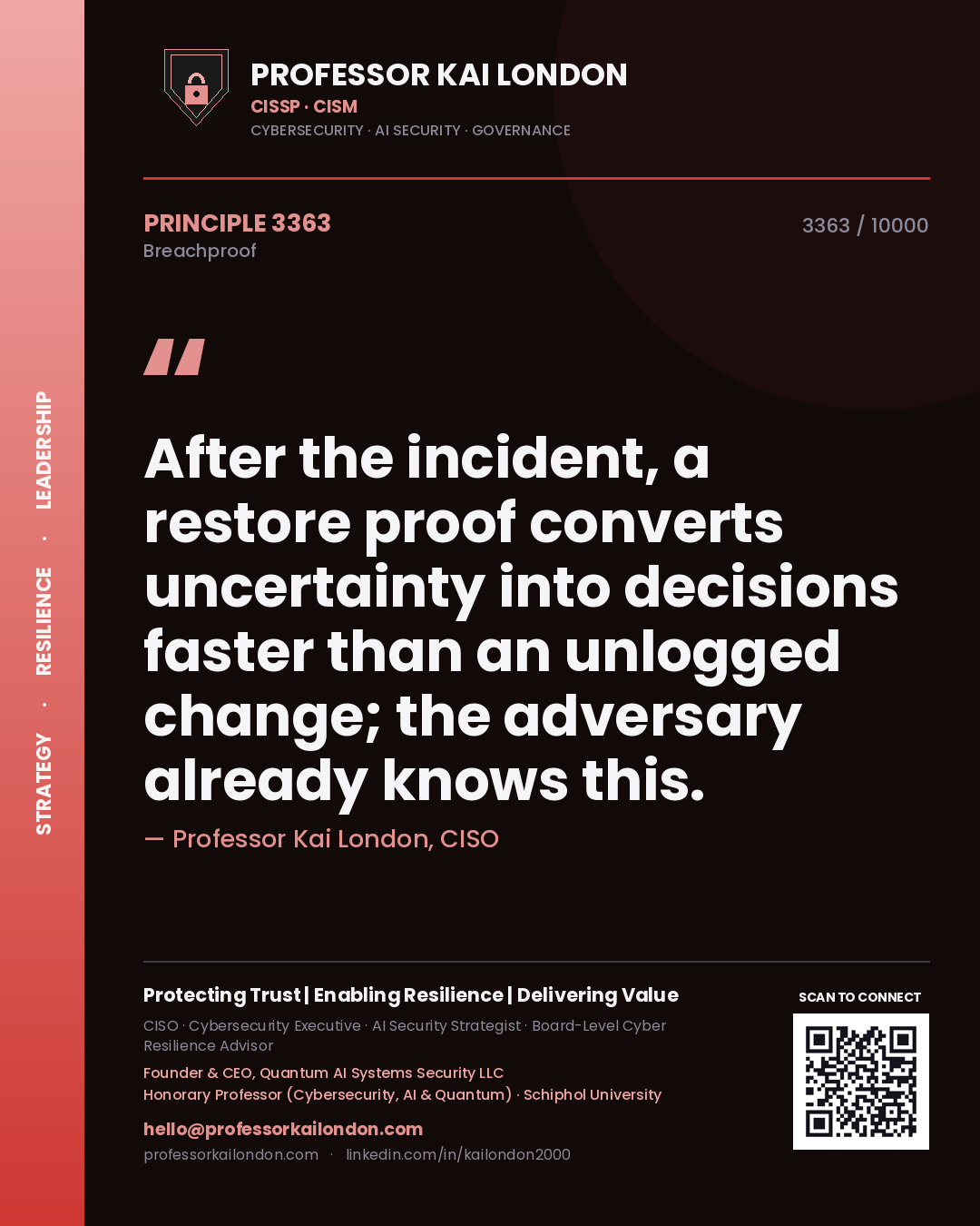 Professor Kai London principle 3363: After the incident, a restore proof converts uncertainty into decisions faster than an unlogged change; the adversary already knows this.