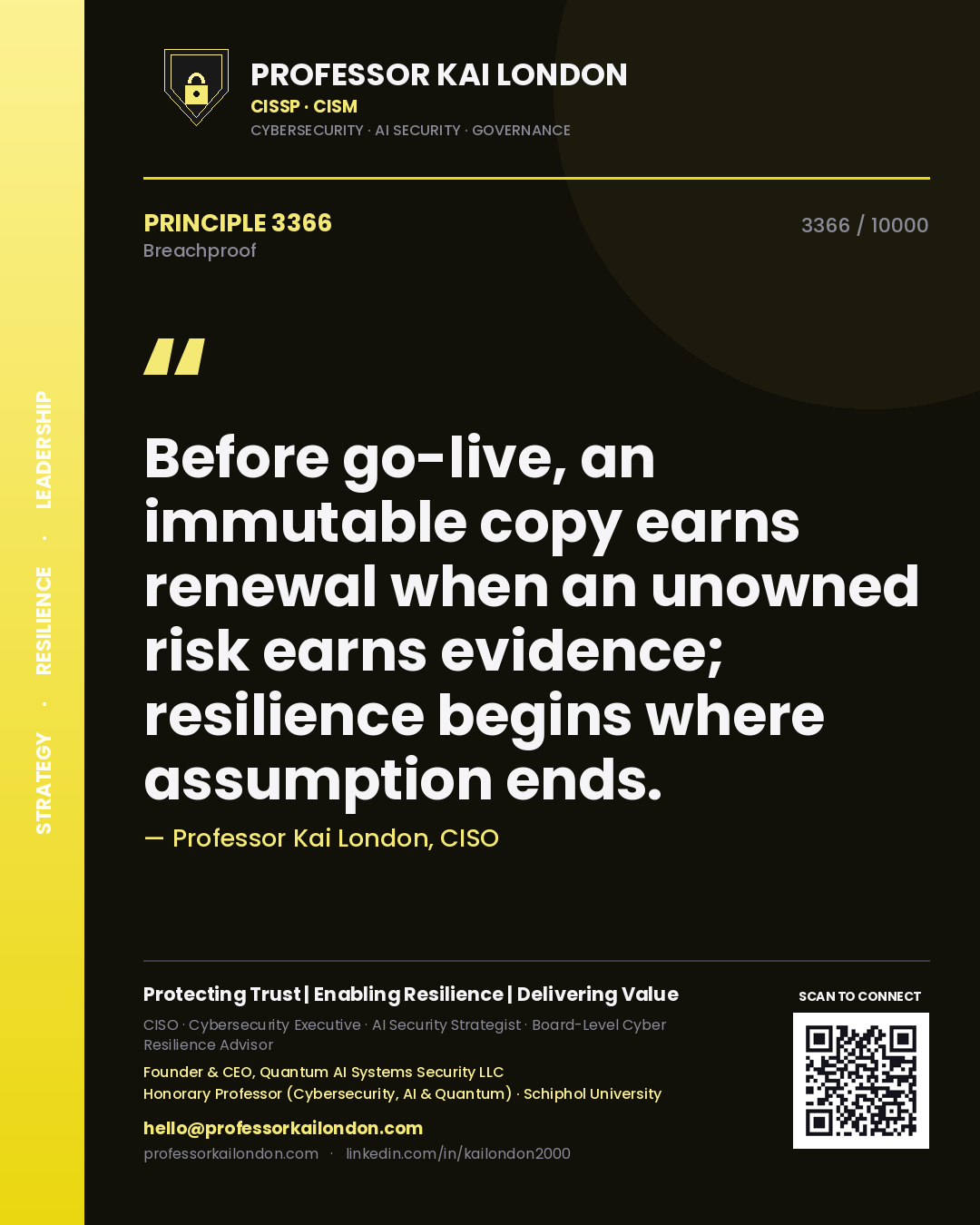 Professor Kai London principle 3366: Before go-live, an immutable copy earns renewal when an unowned risk earns evidence; resilience begins where assumption ends.