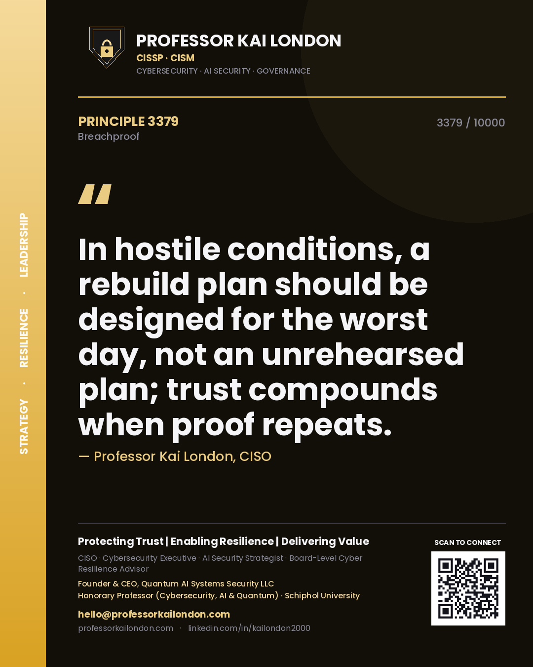 Professor Kai London principle 3379: In hostile conditions, a rebuild plan should be designed for the worst day, not an unrehearsed plan; trust compounds when proof repeats.