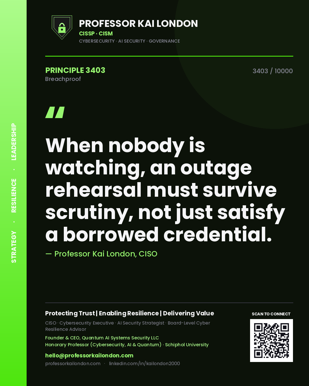 Professor Kai London principle 3403: When nobody is watching, an outage rehearsal must survive scrutiny, not just satisfy a borrowed credential.