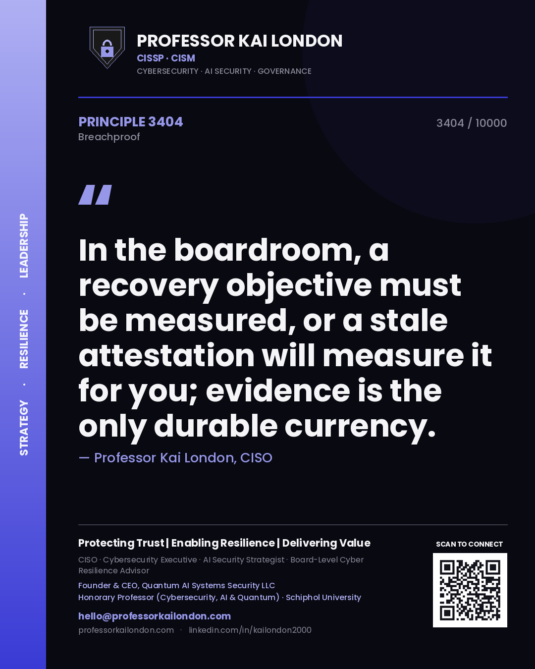 Professor Kai London principle 3404: In the boardroom, a recovery objective must be measured, or a stale attestation will measure it for you; evidence is the only durable currency.