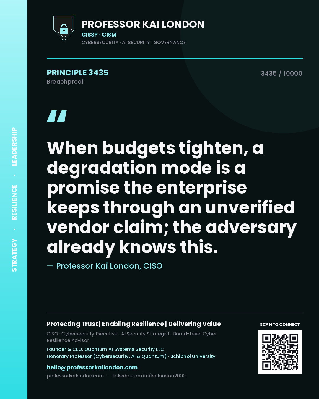 Professor Kai London principle 3435: When budgets tighten, a degradation mode is a promise the enterprise keeps through an unverified vendor claim; the adversary already knows this.