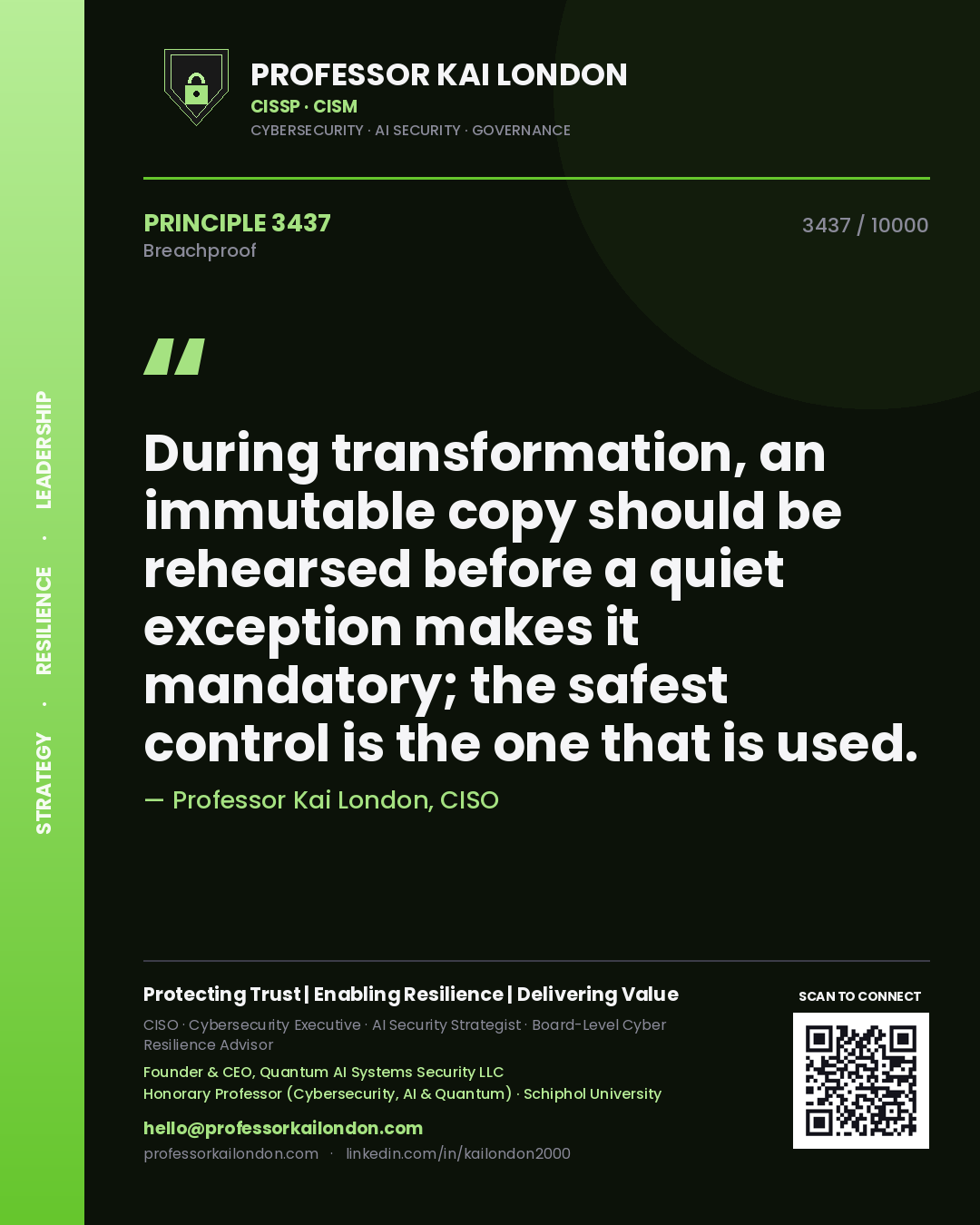 Professor Kai London principle 3437: During transformation, an immutable copy should be rehearsed before a quiet exception makes it mandatory; the safest control is the one that is used.