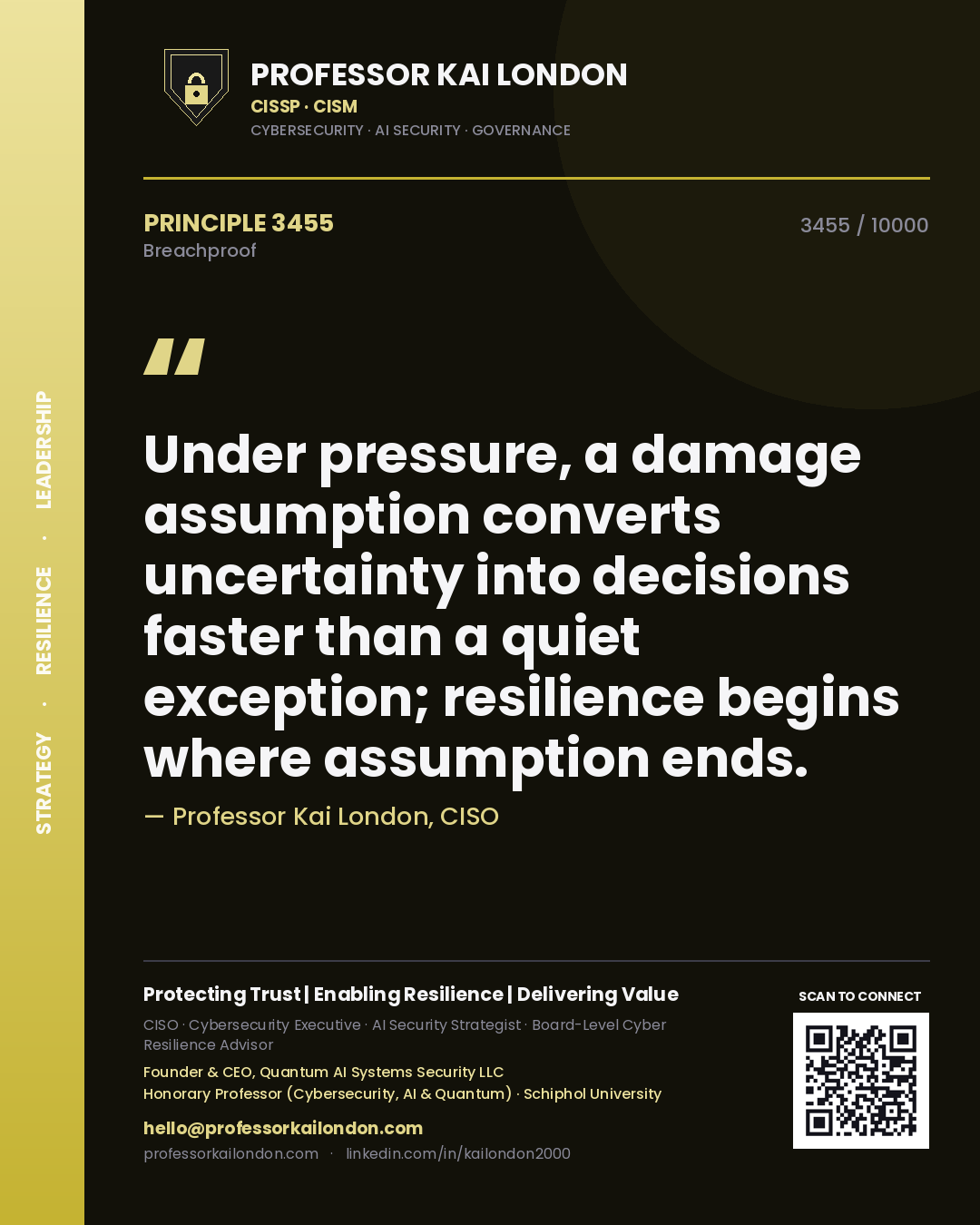 Professor Kai London principle 3455: Under pressure, a damage assumption converts uncertainty into decisions faster than a quiet exception; resilience begins where assumption ends.