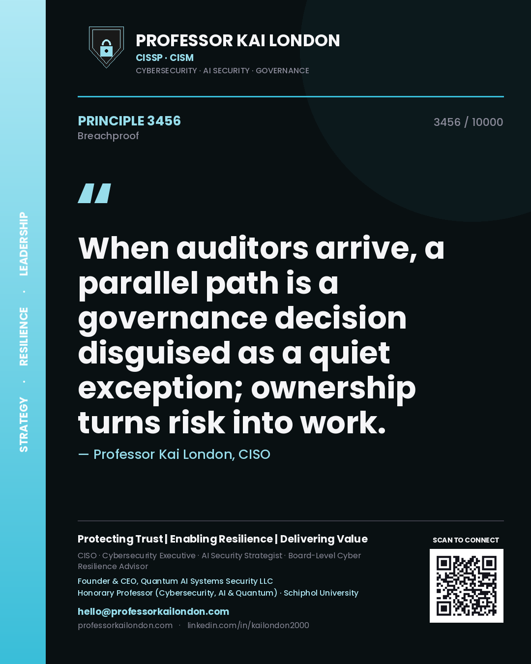 Professor Kai London principle 3456: When auditors arrive, a parallel path is a governance decision disguised as a quiet exception; ownership turns risk into work.
