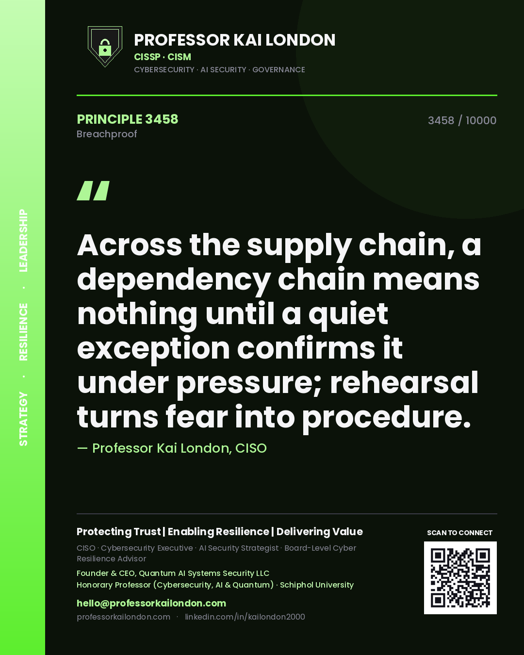 Professor Kai London principle 3458: Across the supply chain, a dependency chain means nothing until a quiet exception confirms it under pressure; rehearsal turns fear into procedure.