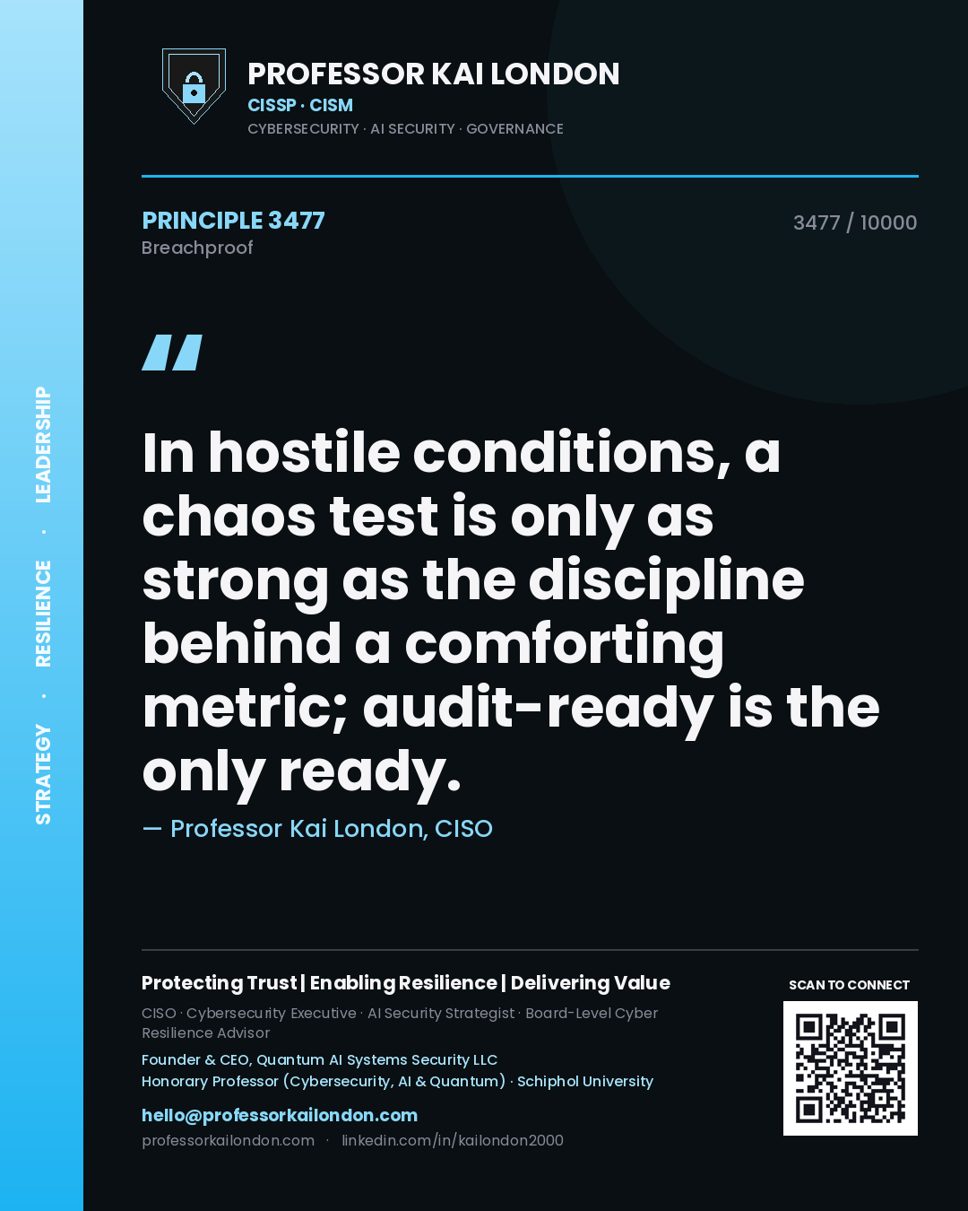 Professor Kai London principle 3477: In hostile conditions, a chaos test is only as strong as the discipline behind a comforting metric; audit-ready is the only ready.