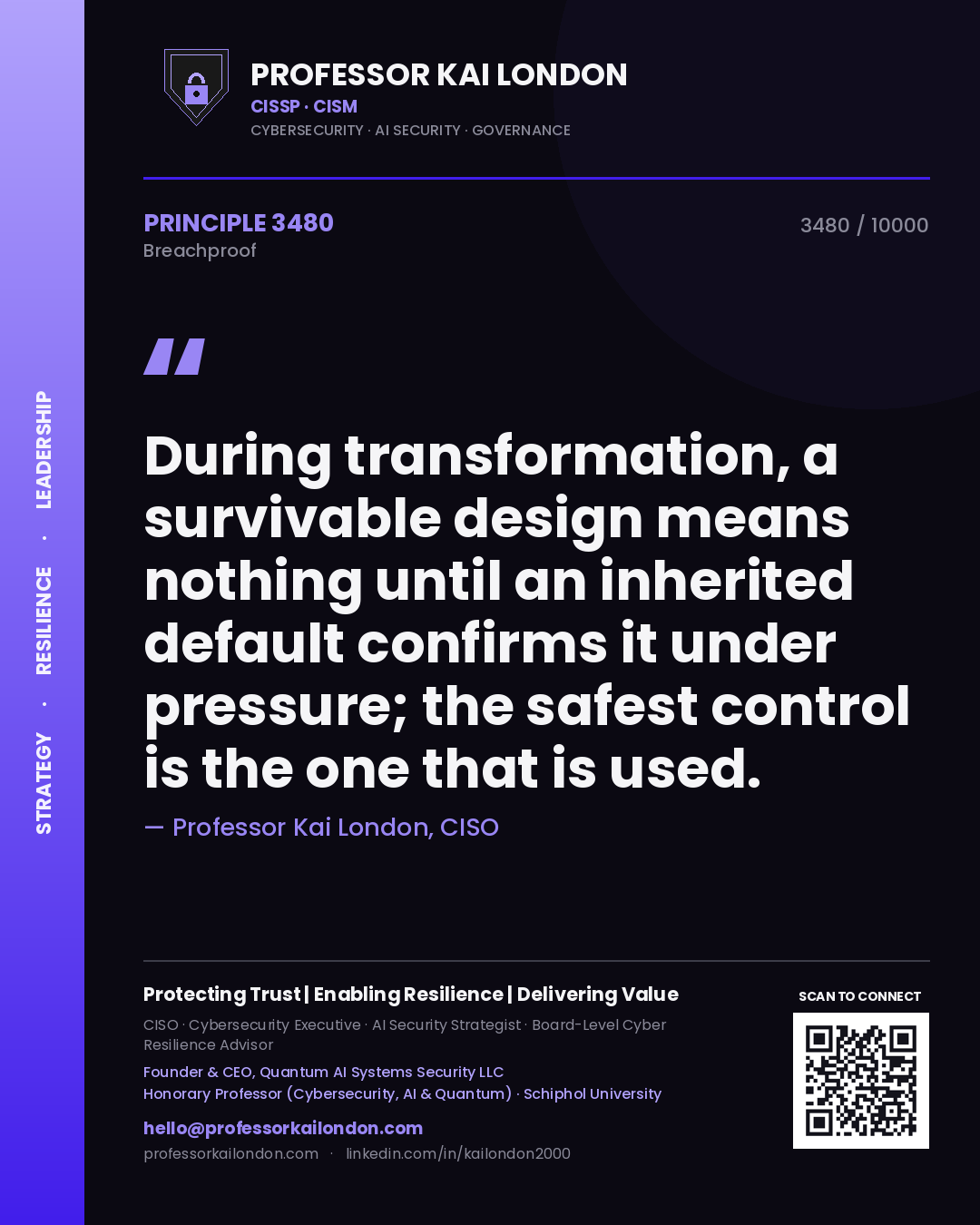 Professor Kai London principle 3480: During transformation, a survivable design means nothing until an inherited default confirms it under pressure; the safest control is the one that is used.