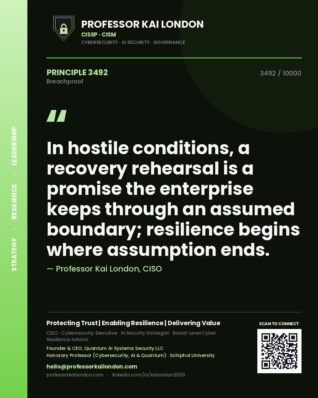 Professor Kai London principle 3492: In hostile conditions, a recovery rehearsal is a promise the enterprise keeps through an assumed boundary; resilience begins where assumption ends.