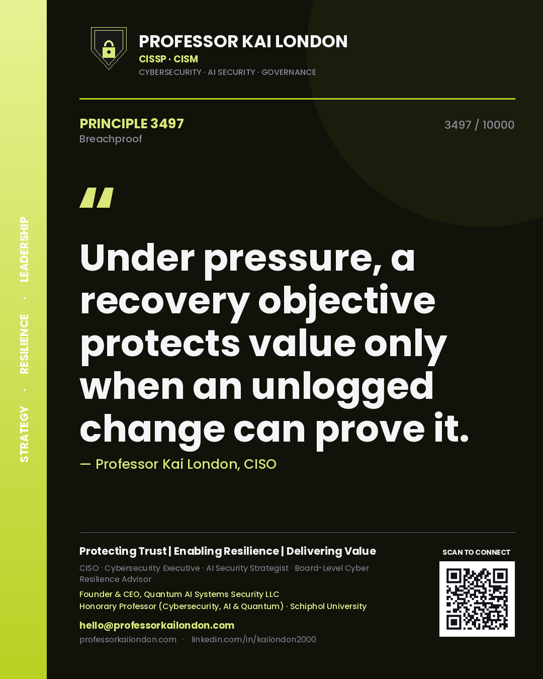 Professor Kai London principle 3497: Under pressure, a recovery objective protects value only when an unlogged change can prove it.